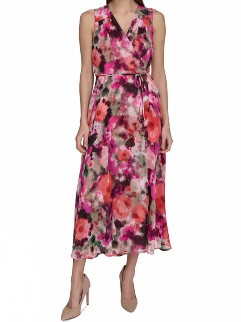 Calvin Klein Floral-Print Faux-Wrap Sleeveless Dress Abstract Floral Pink Orange